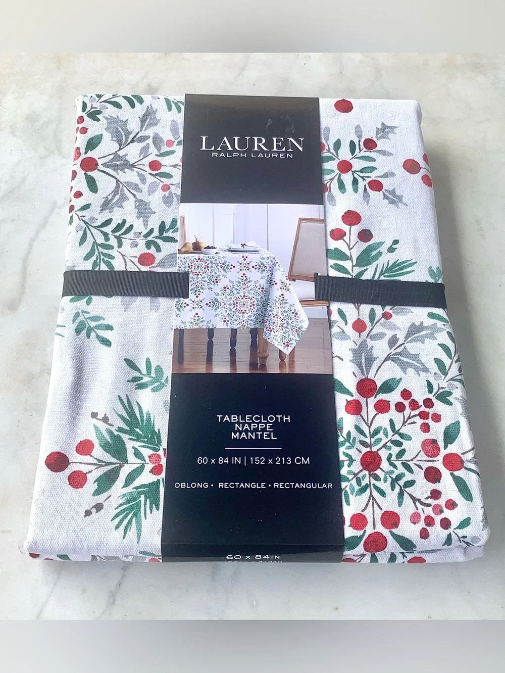 Lauren Ralph Lauren White Tablecloth with Red Berries Green Foliage NEW  60 X 84